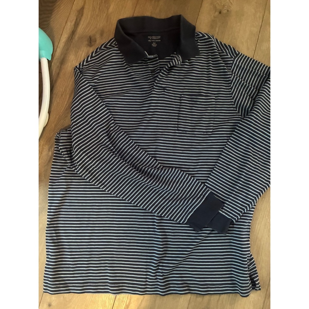 Roundtree & Yorke Polo Shirt Mens XLT Blue  Striped Long Sleeve Pocket